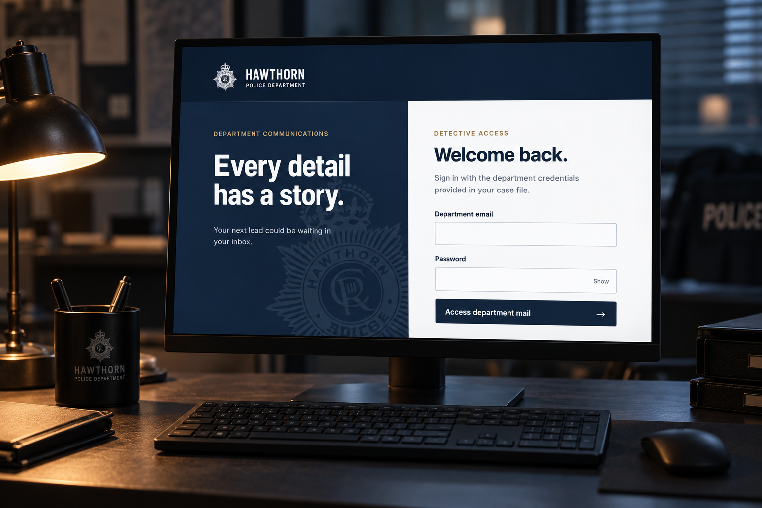 Illustrative detective workstation showing the current Hawthorn PD email login